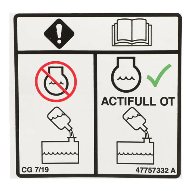 Peça código OEM 47757332 — Coolant Decal - Actifull OT - 100 mm x 100 mm