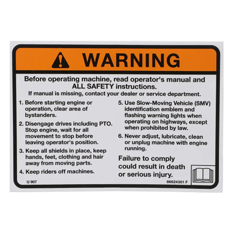 Peça código OEM 86624301 — Caution Decal - "Read Operator's Manual"